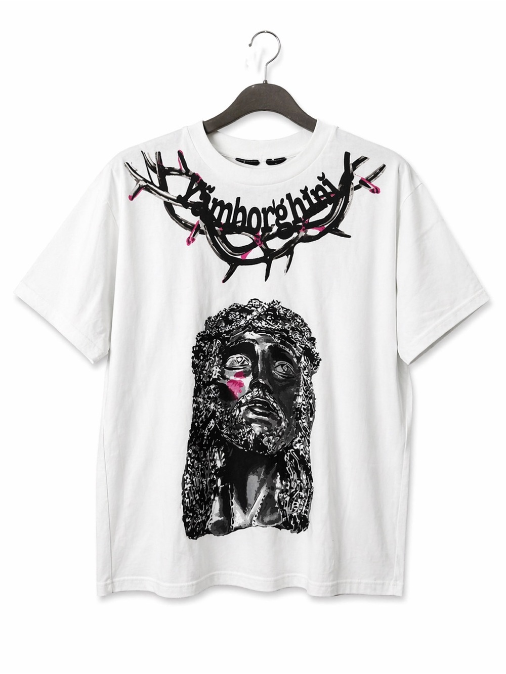 VLONE White Tee with Black Sacred Bust Graphic and Pink Highlights